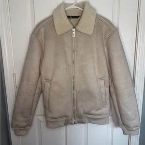 Zara Men's Cream Bomber Jacket with Shearling Collar